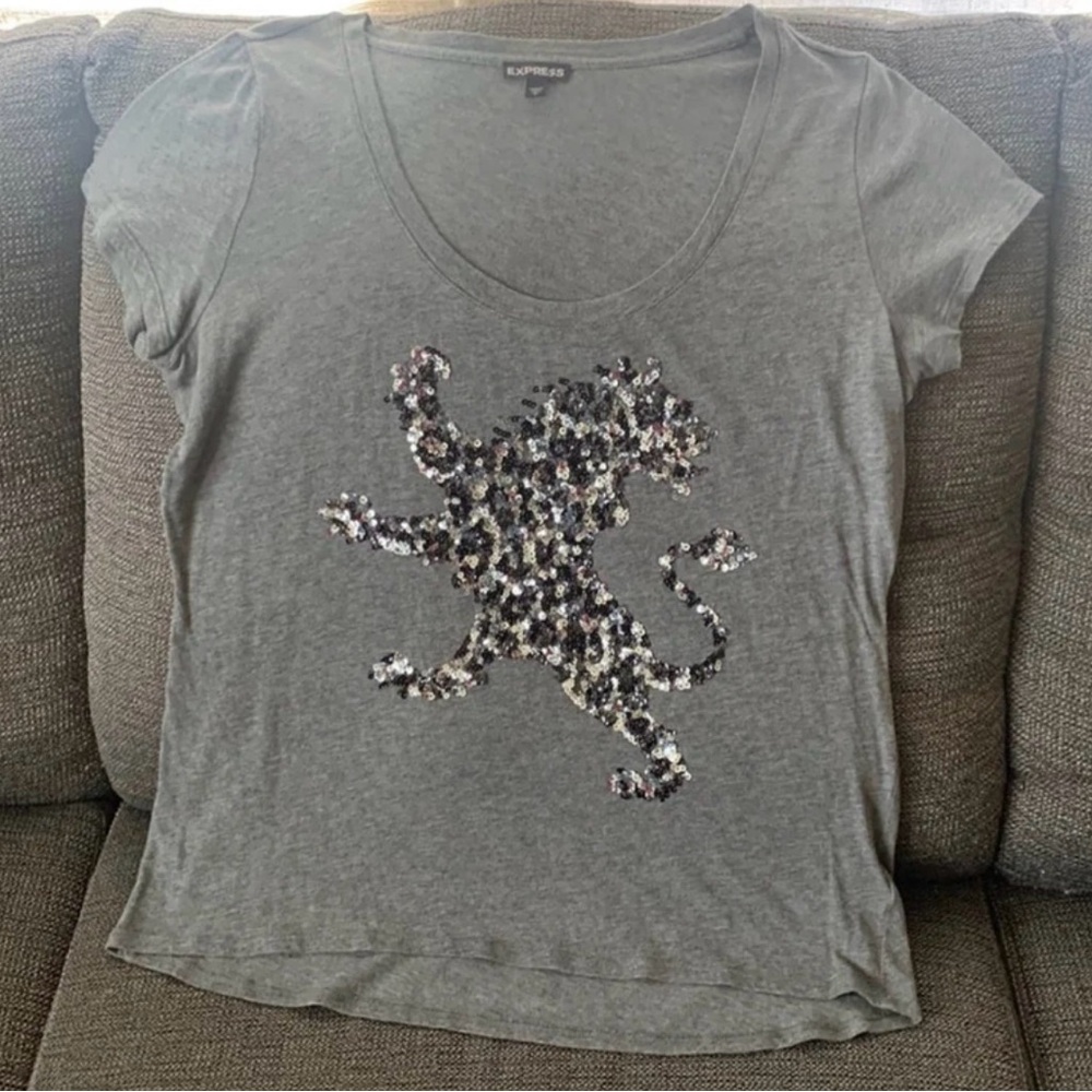 Express Gray T-Shirt with Sequin Leopard Design